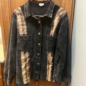 POL Corduroy & Brown Plaid Patchwork Shacket